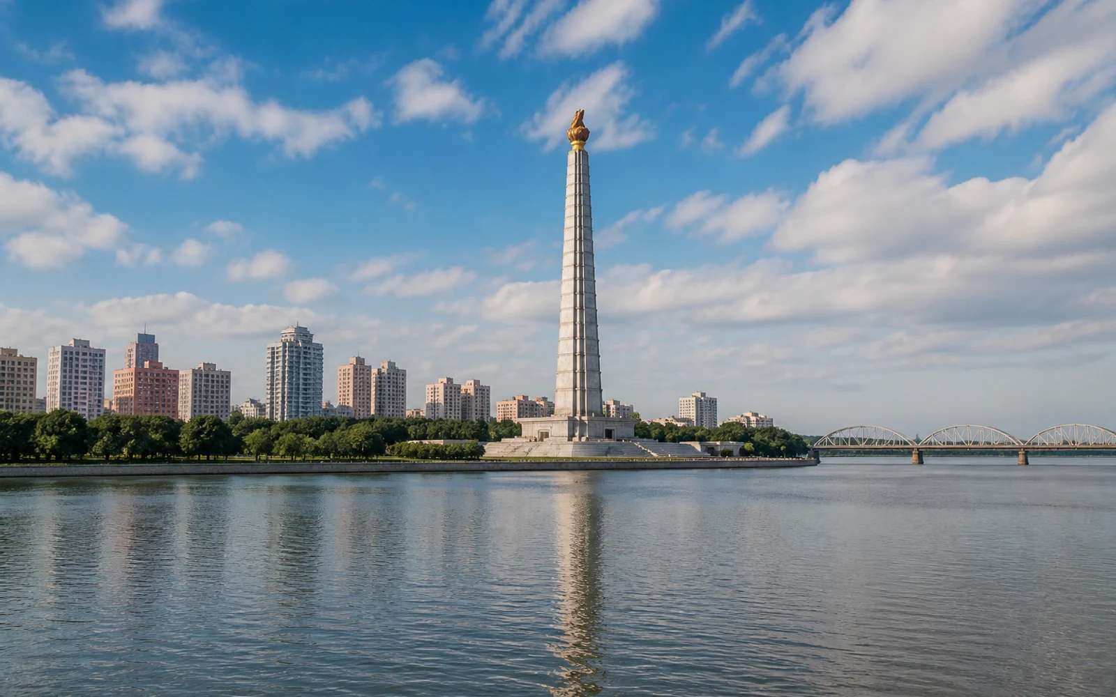 Juche Tower and Taedong River in Pyongyang
