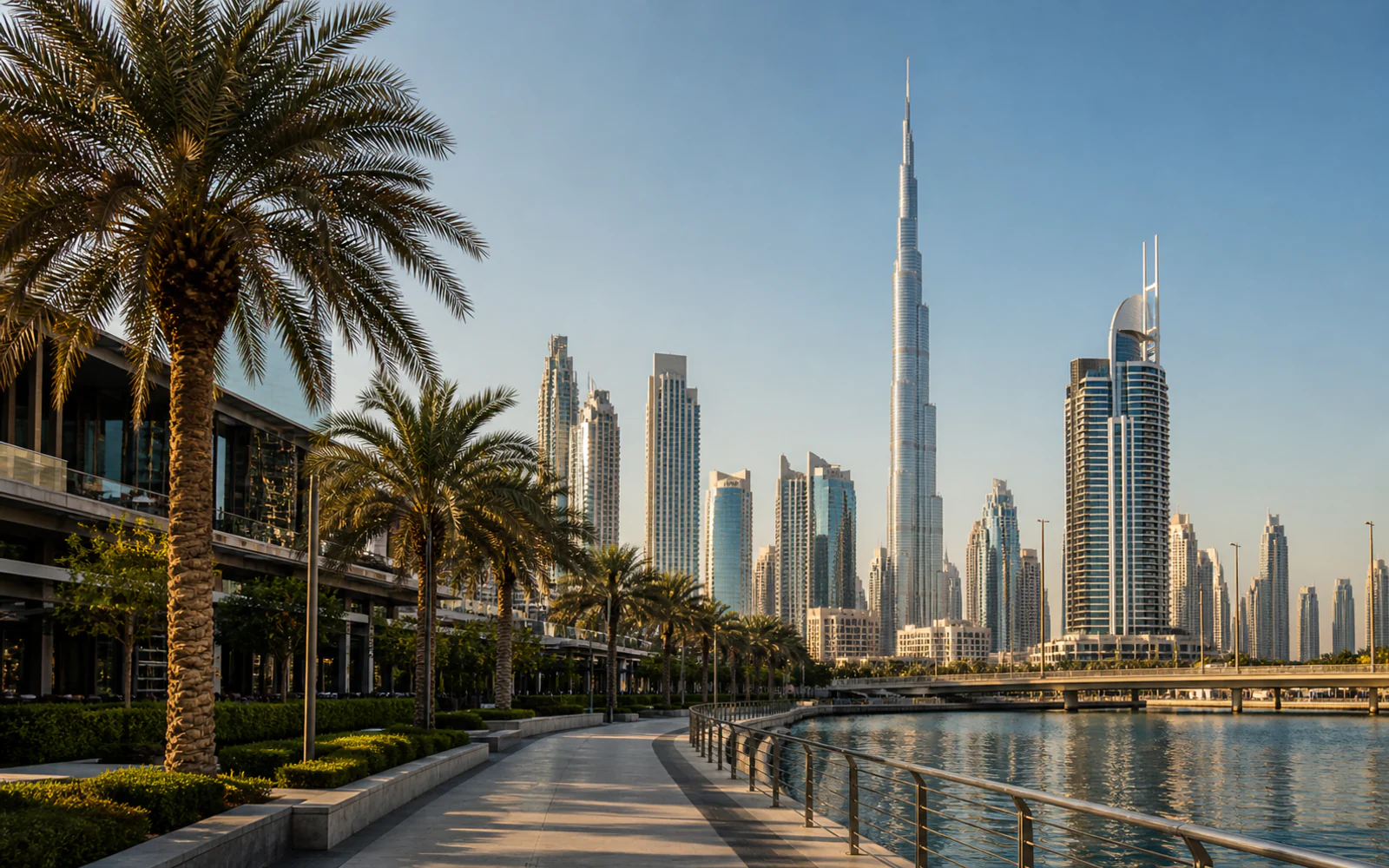 Dubai waterfront, palm-lined promenade, and Burj Khalifa in warm daylight