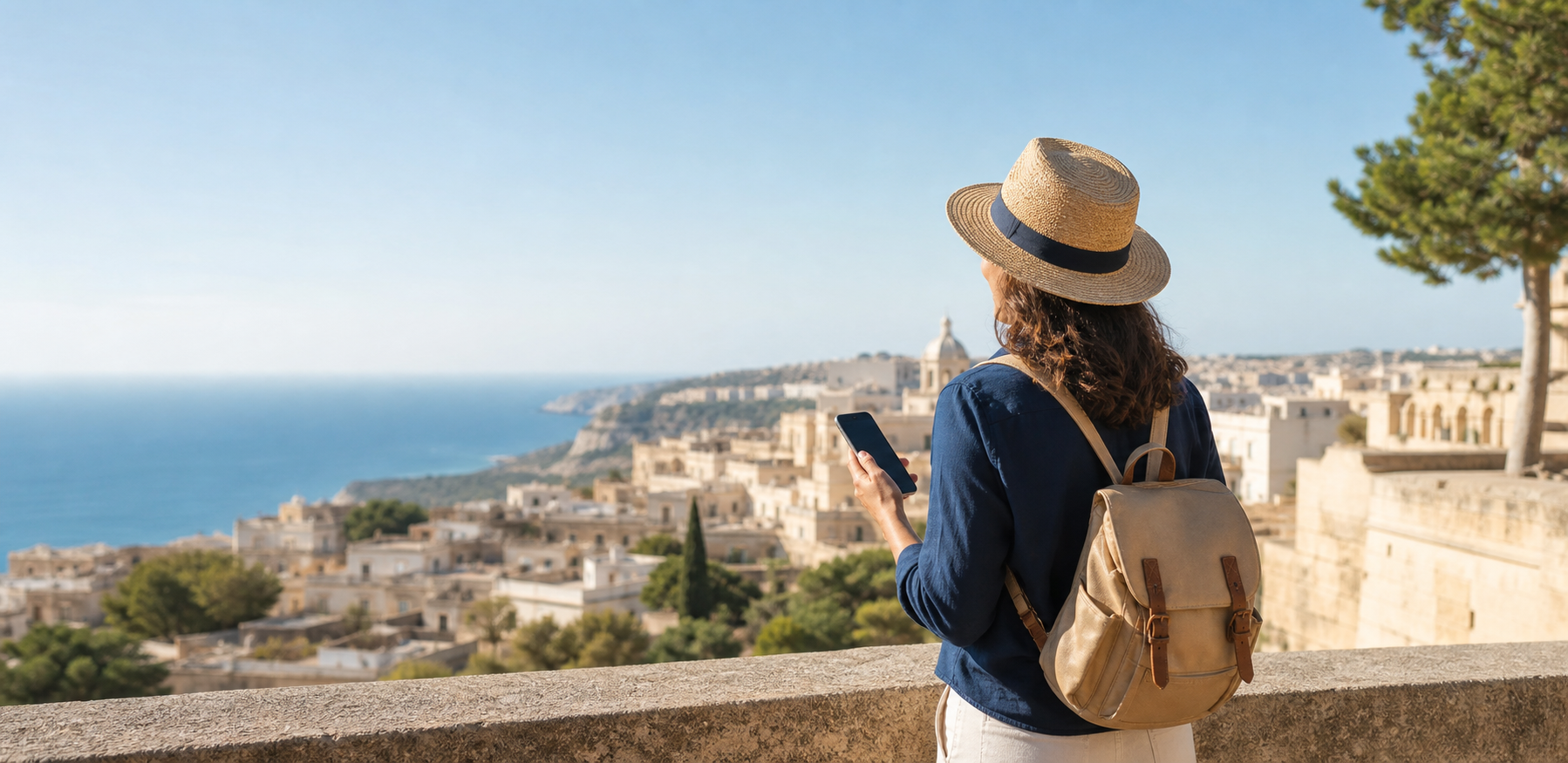 Traveler checking a phone while overlooking a coastal city